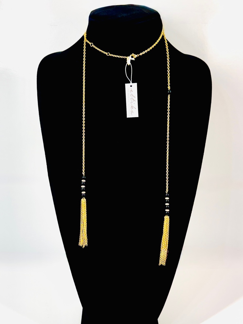 Ettika Gold Long Chain Convertible Black Bead Tassel Necklace | NWT